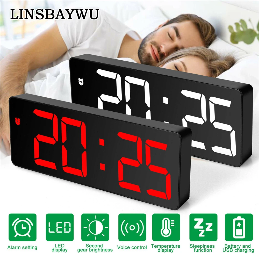 Large Digital Display Alarm Clock Teperature Snooze Night Mode Desktop Table Clock 12/24H Anti-disturb Funtion LED Clocks Watch