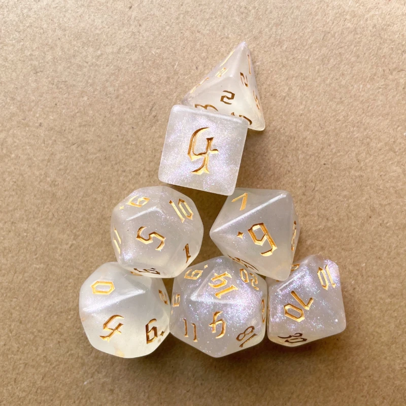 7 Pcs Set New Glitter Gold Font Polyhedral Table Game Digital Dice for DND TRPG RPG D20 D12 D10 D8 D6 D4 Board Gaming Dices Kit