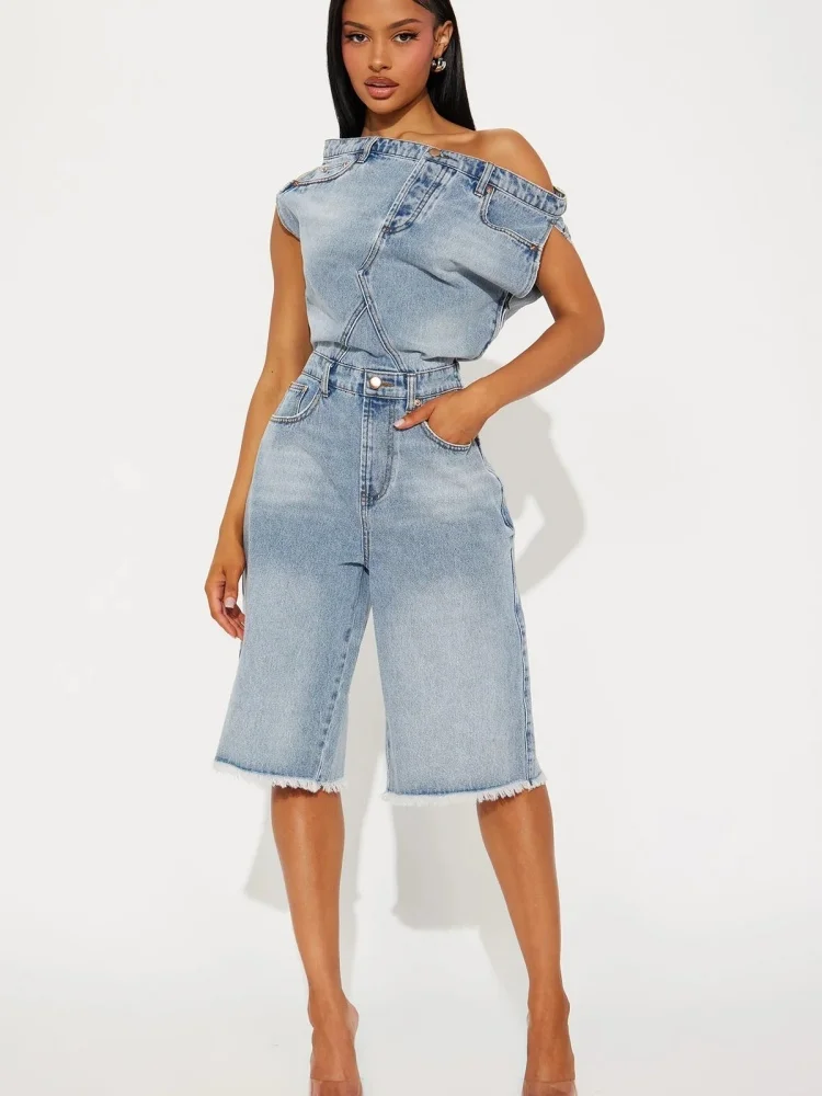 Wmstar Jumpsuits Rompers Wholesale New European American Casual Fashion Strapless One Shoulder Slimming Denim Summer 2025