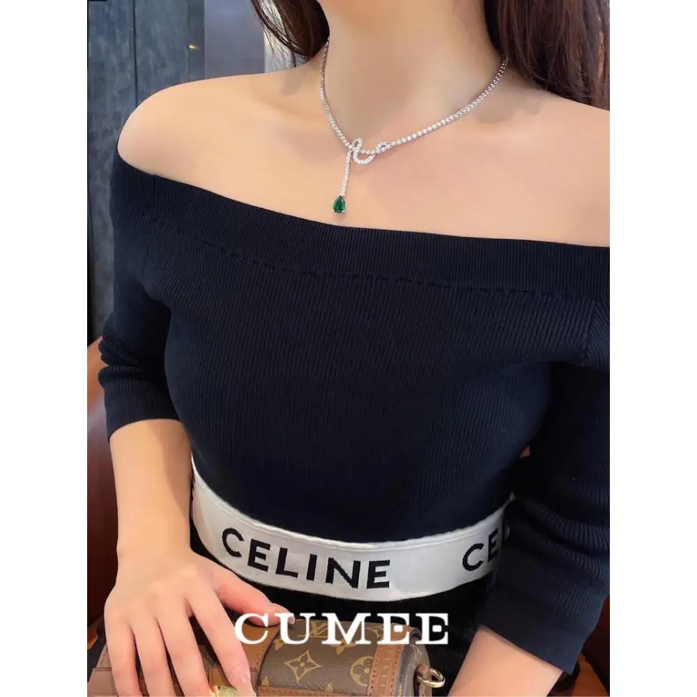 CUMEE 925 Sterling Silver Exquisite Versatile Green pear Lab Created Emerald pendant Necklace with Silver and Gold Plating