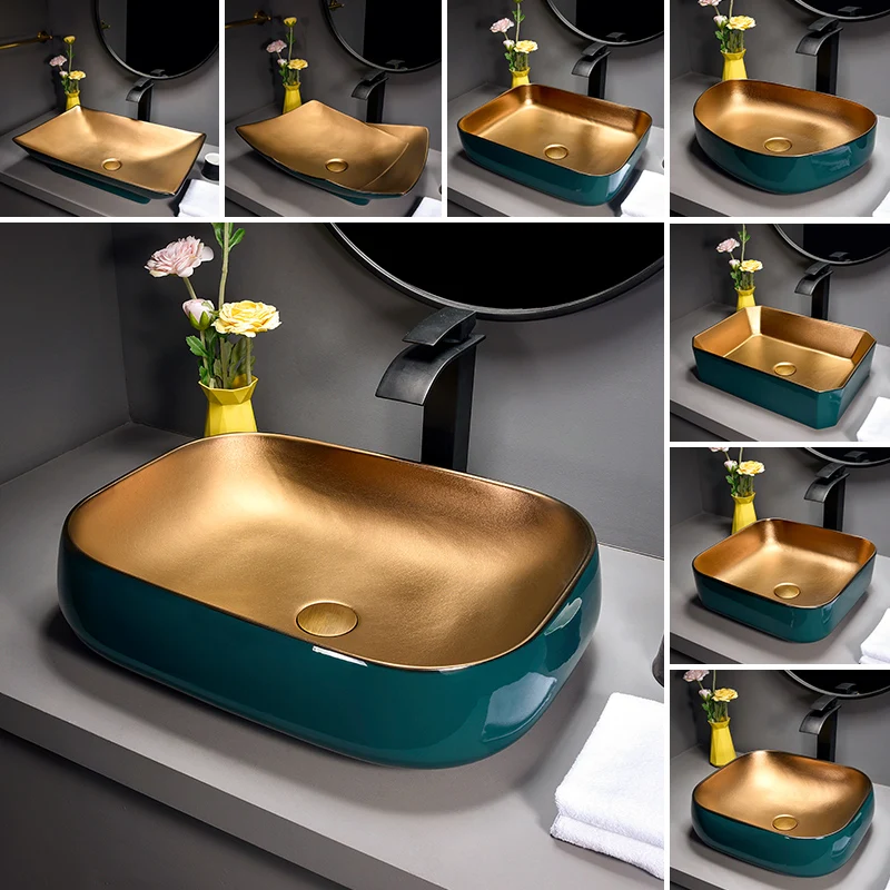 

Nordic Entry Lux Style Table Basin Bathroom Art Wash Basin Green Gold Washbasin Hotel Household Ceramic Single-Sided Basin