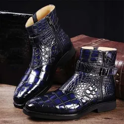 Blue Zipper Men Ankle Boots Business Black Square Toe Motorcycle Boots Crocodile Pattern Zapatos Hombre