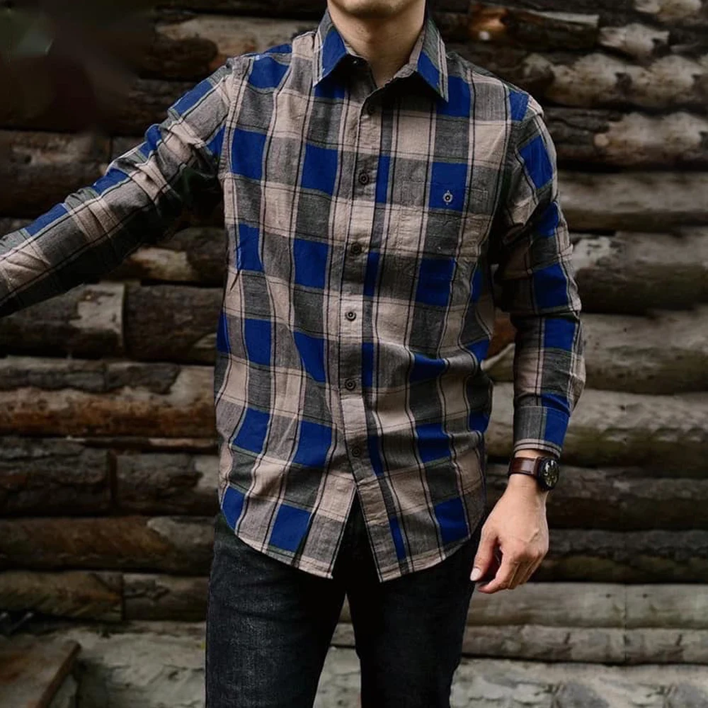 Men's Plaid Shirt Soft Single Breasted Button Turn-Down Collar Pattern Long Sleeve Casual Slim Tops Coat Men Clothing