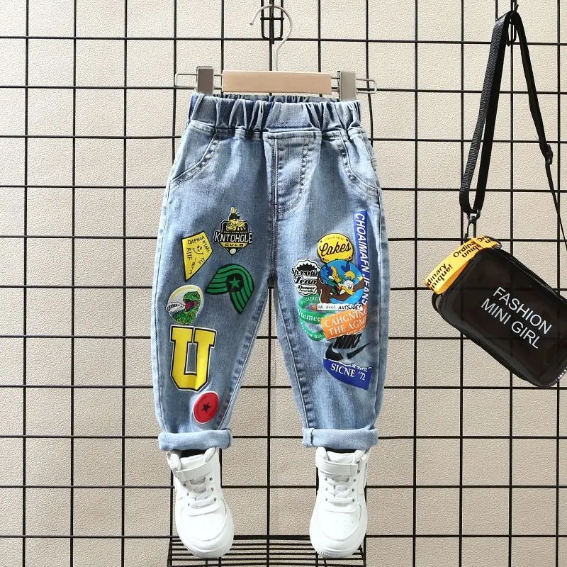 Kids Pants Boys Jeans Boys Jeans Pant Spring and Autumn Boys Printed Jeans New Children's Loose Western Style Boys' Casual Pants