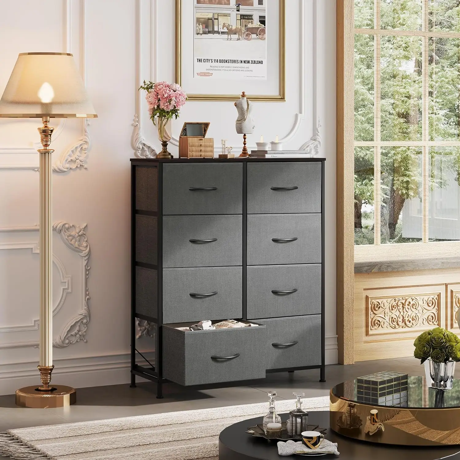 Fabric Dresser for Bedroom, Tall Dresser with 8 Drawers, Storage Tower with Fabric Bins, Double Dresser, Chest of Drawers