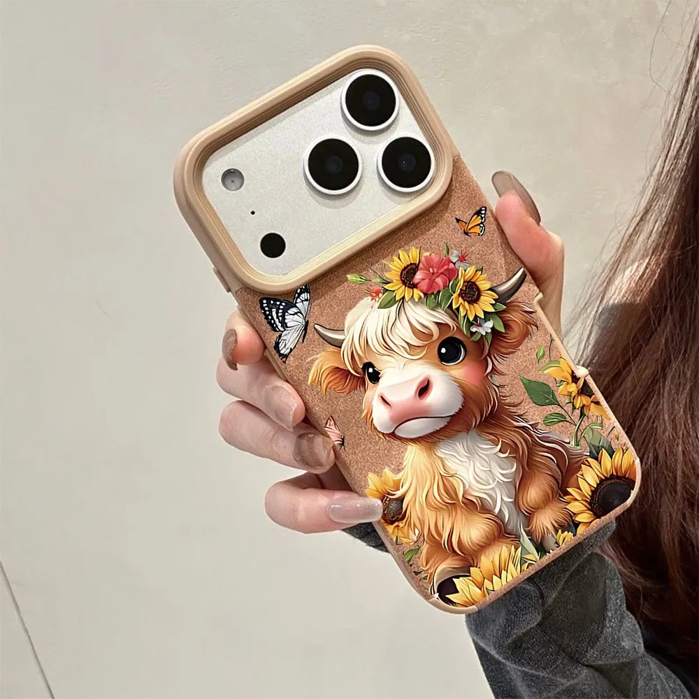 khaki cartoon highland cow sunflower butterfly pattern iPhone 17/17Pro/17Promax/17Air/16/15/14/13/12/11 series