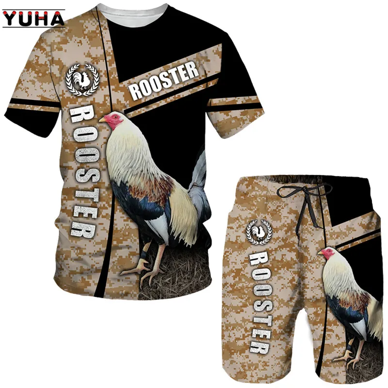 YUHA,3D Printed Chicken Cock Animal Tops Summer Male Casual Tracksuit Set Funny Rooster Hunting Camo T-shirt + Shorts Suit Men's men women animal fish hunting camo 3d printed hoodie set harajuku unisex cool tracksuit fashion hip hop streetwear clothing suit