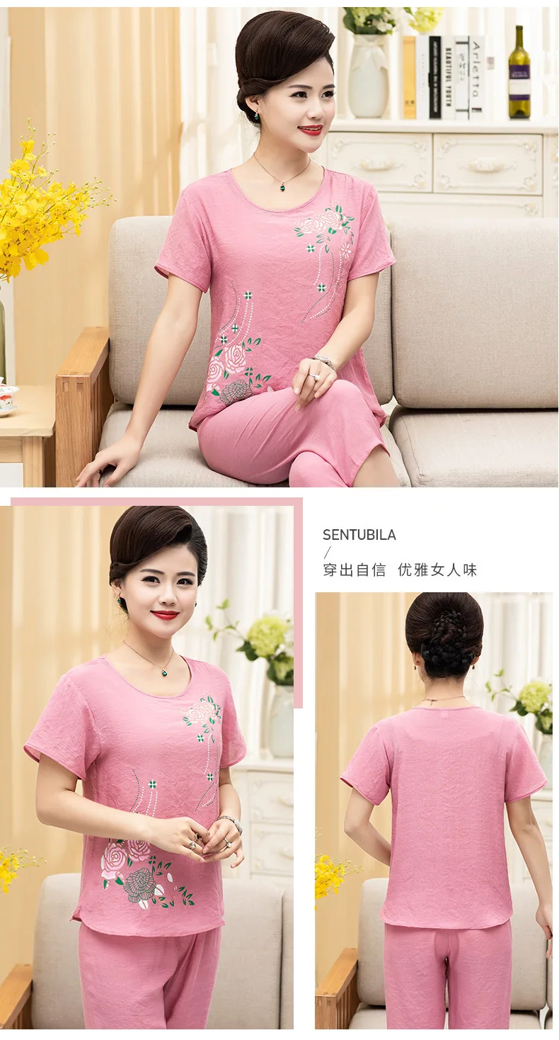 Sommer Frauen Pijama Adulto Feminino XL-4XL Große Größe Leinen Baumwolle Druck Pyjama Set Frauen Homewear 2PCS Lose Nachtwäsche – Detail 3