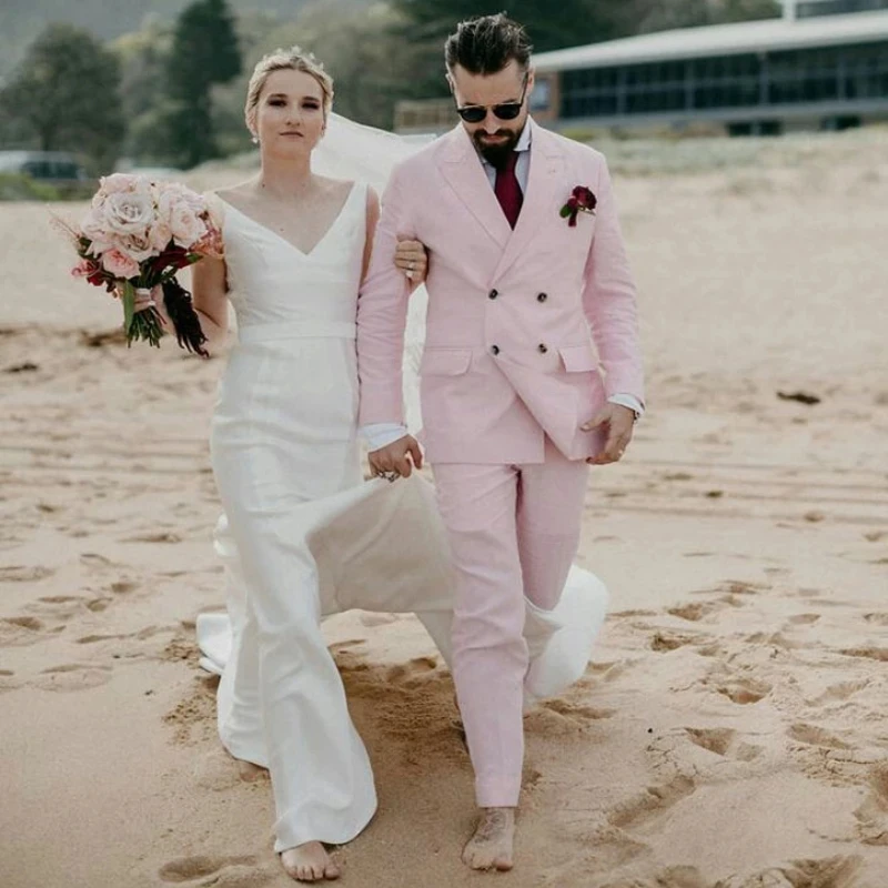 Wedding Men Suits Slim Fit Double Brieasted Beach Groom Tuxedos Two Pieces Peaked Lapel Male Fashion Blazers with Pants