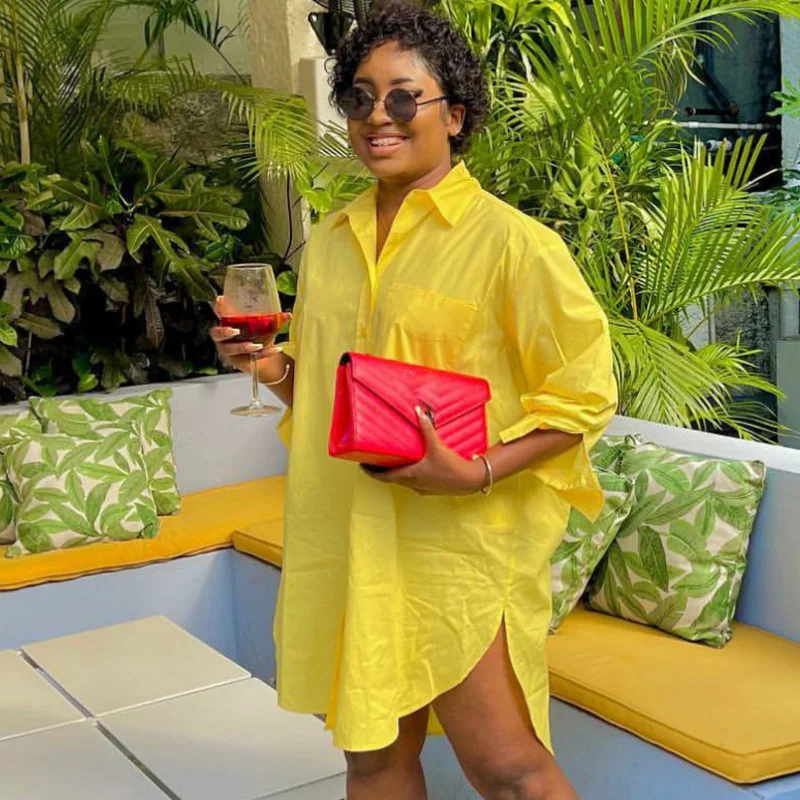 2026 New African Fashion Women Long Loose Shirt Full Sleeve Solid Yellow Color Bloues Tops With Pockets