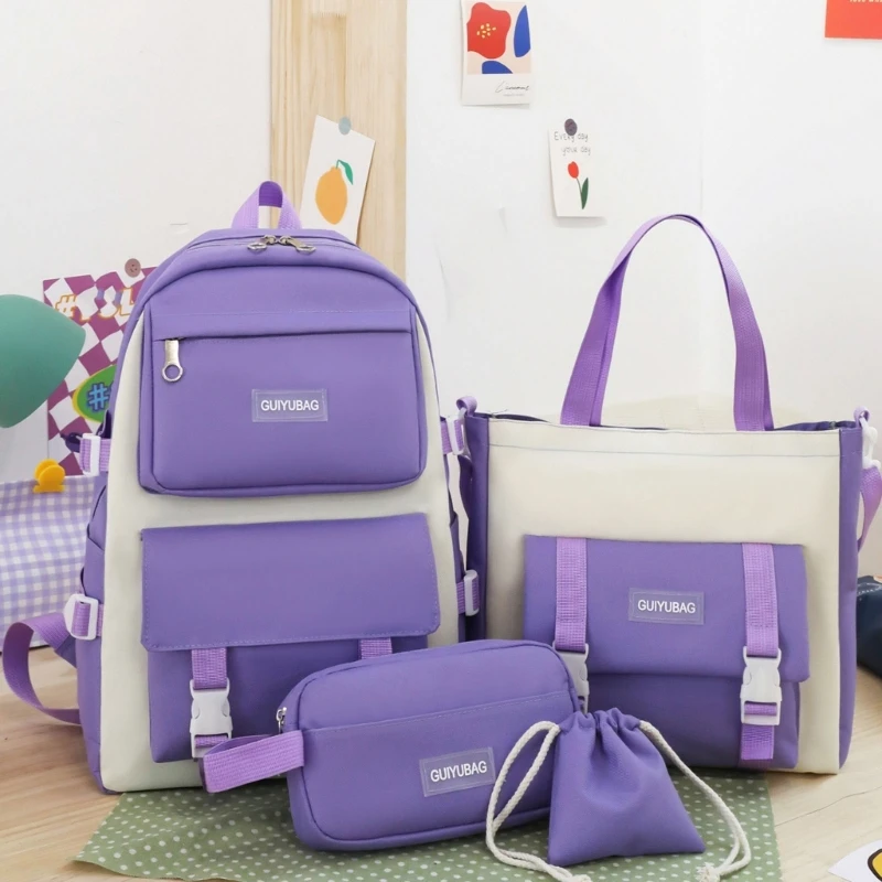 

4pcs/set Cute Bookbag Multi Pocket Backpack with Drawstring Bag Pencil Case Handbags Rucksack Casual School Daypack for Teen