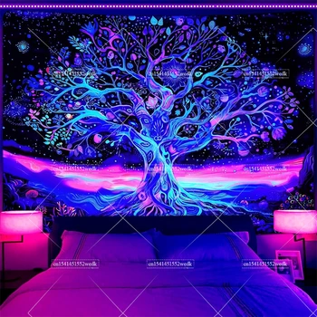 Blacklight Tree Life Tapestry UV Reactive Neon Star Tapestries Black Light Tapestry Aesthetic Room Decor Bedroom Wallpapers