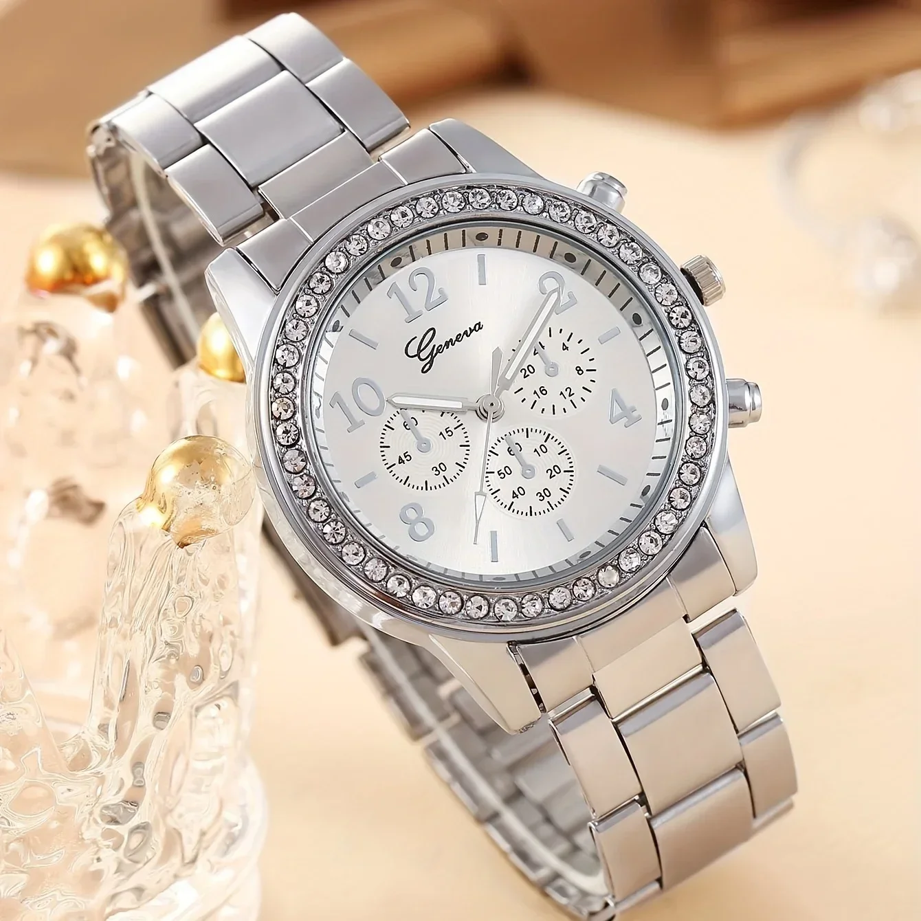 1pc Luxury Rhinestone Quartz Watch Fashion Analog Alloy Wristwatch & 1pc Bracelet, Gift For Women Her