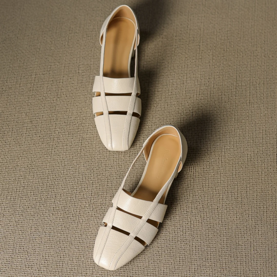 Women's sheepskin narrow band patchwork hollow-out square toe slip-on flats high quality soft comfortable casual summer shoes