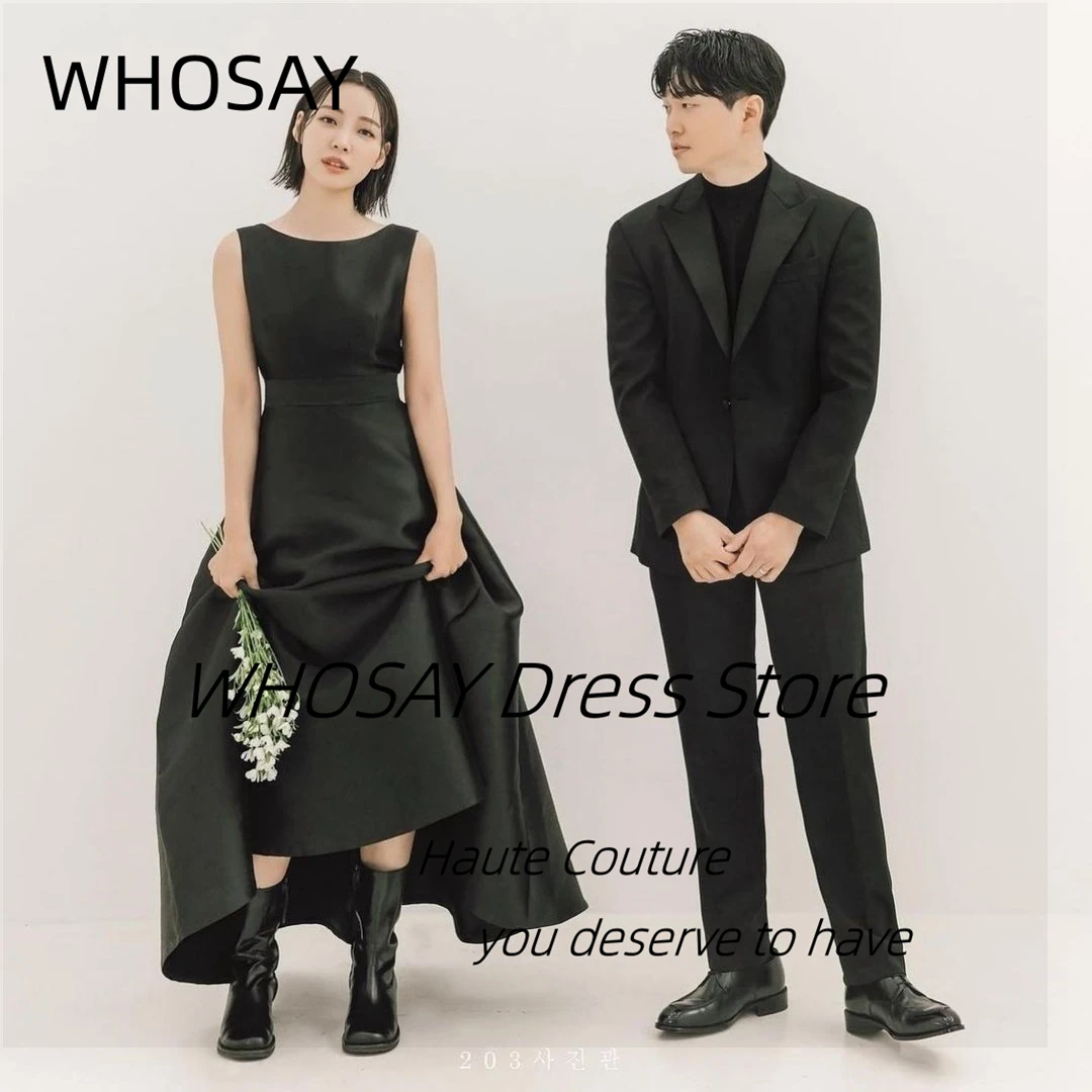 

WHOSAY Satin Black Prom Dresses 2024 Crew Neck Zipper Back Wedding Party Korea Bride Wear Zipper Back Formal Evening Dress