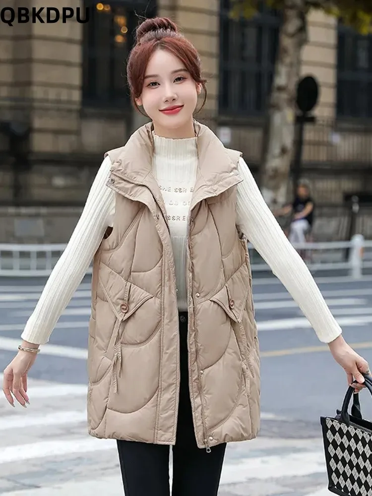 

Classic Khaki Cotton Vests Loose Warm Parkas Oversized 85kg Casual Women Sleeveless Jackets Stand Collar Thick Korean Waistcoats