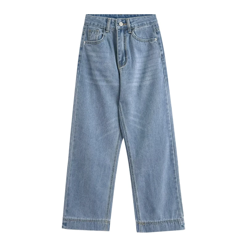 

Korean style light blue washed basic small waist all-match straight nine-point jeans pants