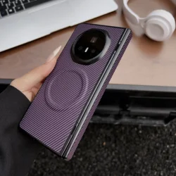 Luxury Carbon Fiber Pattern PU Leather Folding Wireless Charging Phone Case for HONOR Magic V5 (PURPLE)