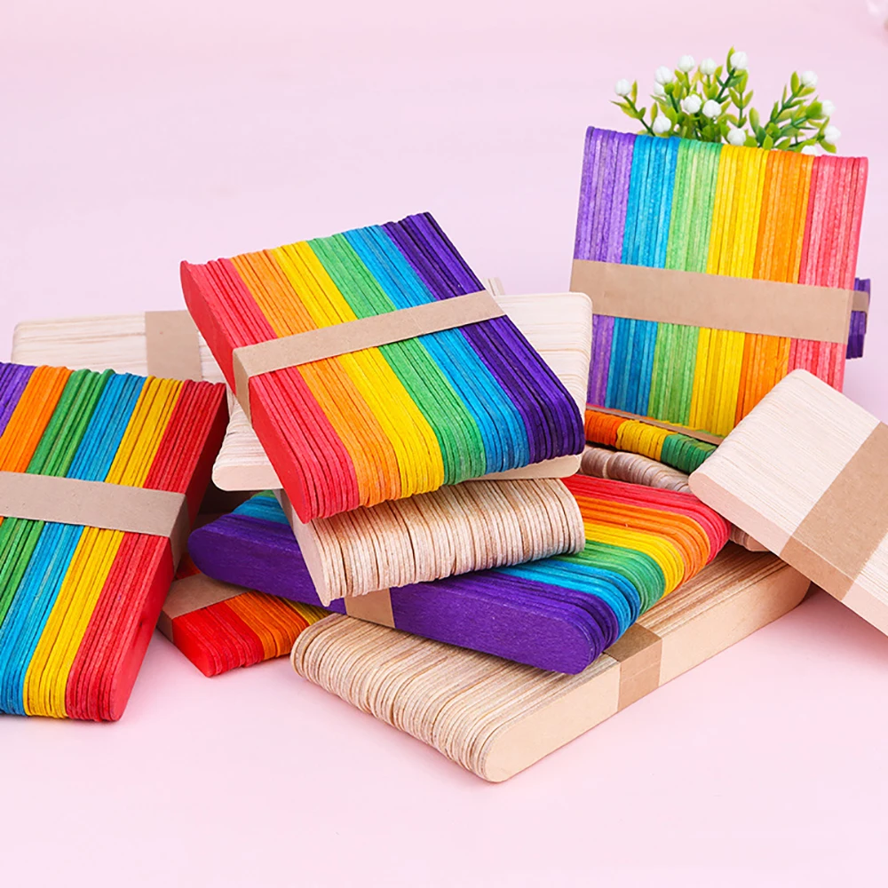 UPORS 50Pcs/Set Ice Cream Sticks Natural Wooden Ice Pop Popsicle Sticks Colorful Wood Craft for Children DIY Homemade