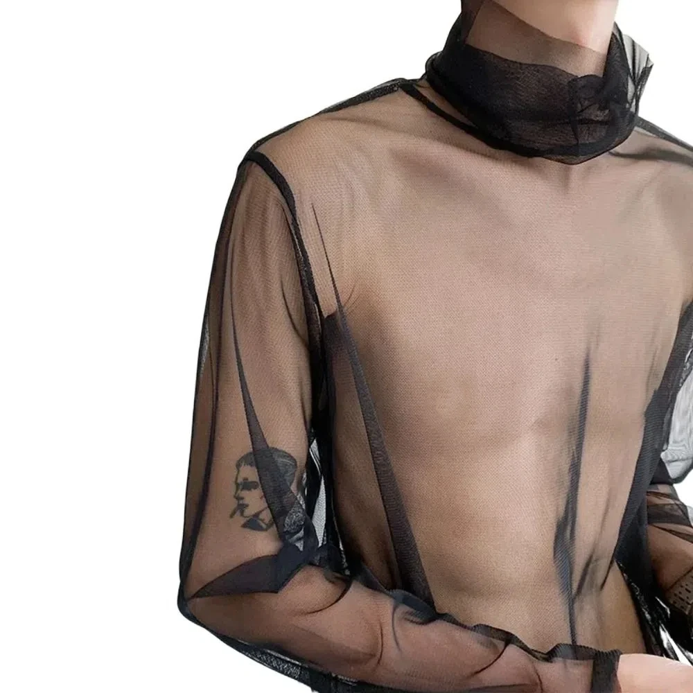 Description Picture 4 of itemChic See-through Transparent T-shirt Streetwear High Collar Long Sleeve T-shirt Undershirt Solid Color Mesh Top Men Nightclub