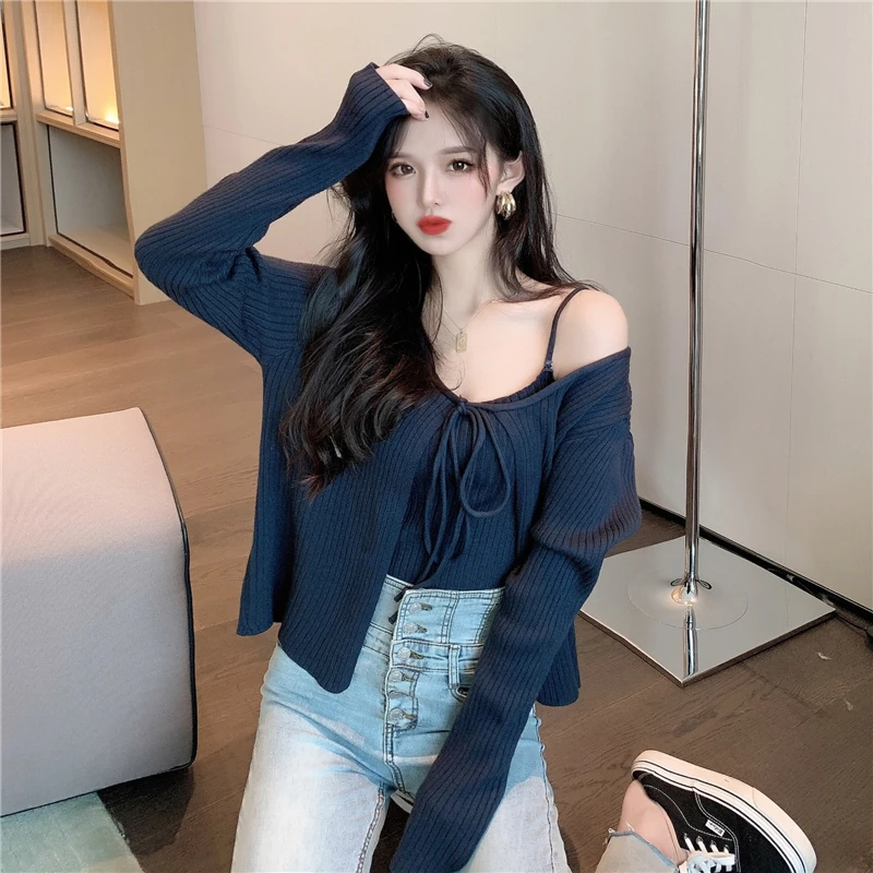 

Sweater Women's Sling Knitted Top Two-piece Female 2022 Autumn Korean Style Short Lacing Cardigan Sweater Jacket Slim Femme