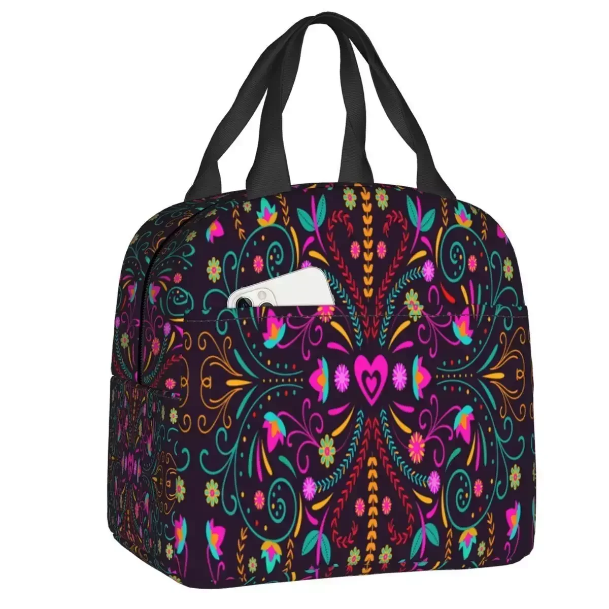 

2024 New Mexican Floral Flowers Insulated Lunch Tote Bag For Mexico Otomi Cooler Thermal Food Lunch Box Kids School Children