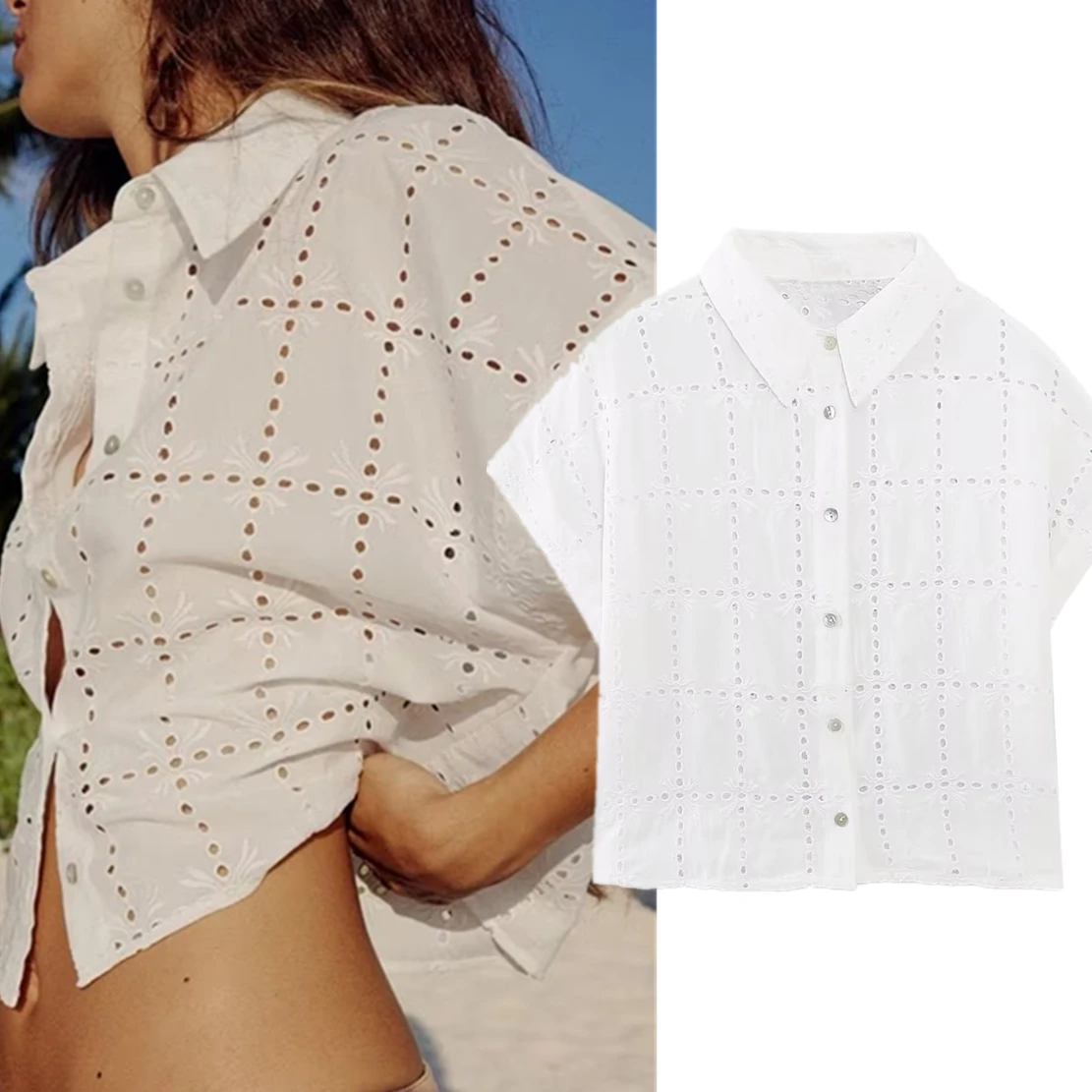 

Elmsk High Street Fashion Vintage Embroidered Hollow Ladies Shirt Cotton Pure White Casual Blouse Women Tops