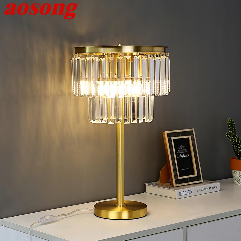 

AOSONG Nordic Brass Table Lamp Modern Luxurious Crystal Living Room Bedroom Study LED Originality Desk Light