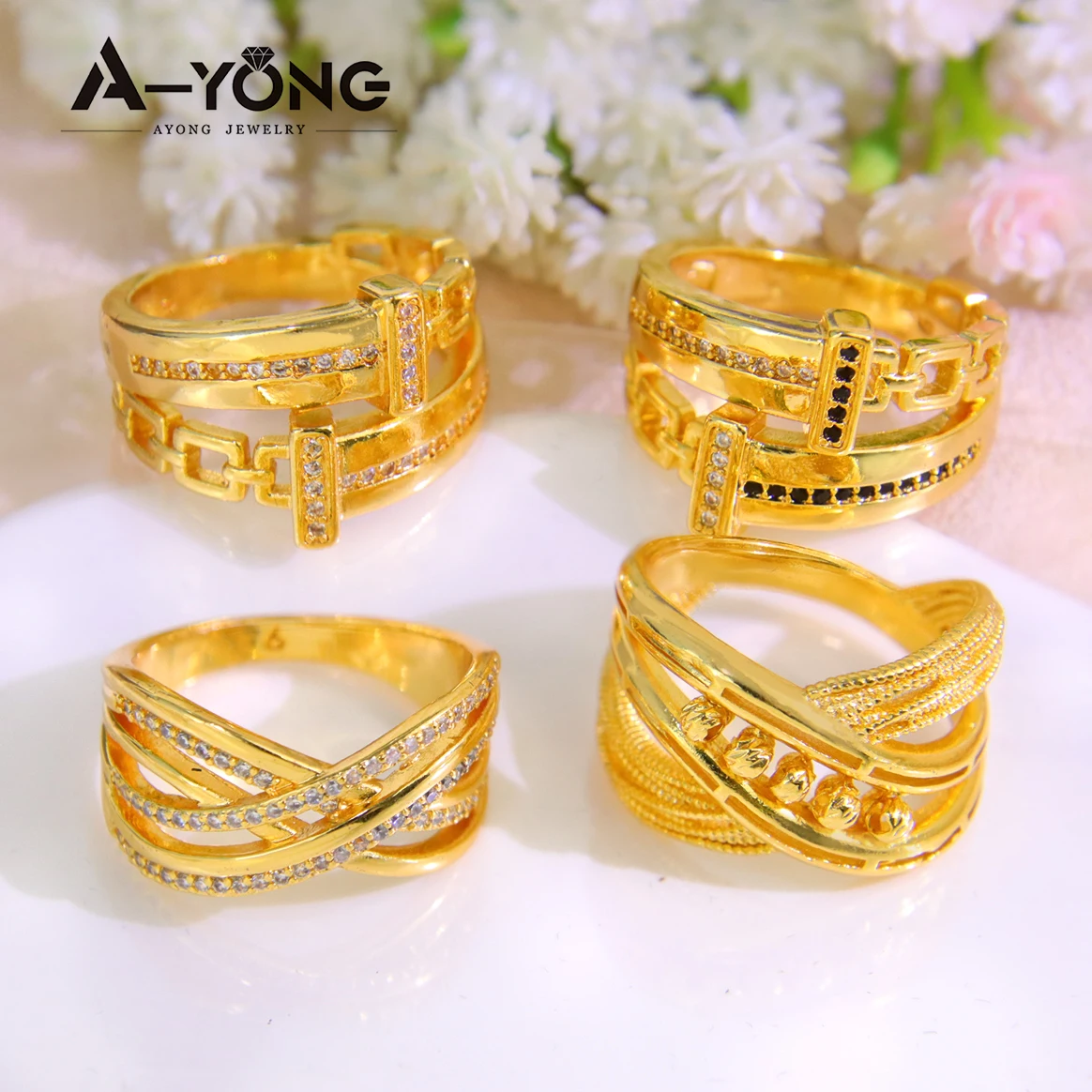 Luxuriöser Dubai Gold Hochzeitsschmuck Ring 21k Vergoldet Italienischer Zirkonia Hip-Hop Party Ringe Saudi Frauen Event Party Schmuckstücke – Detail 1