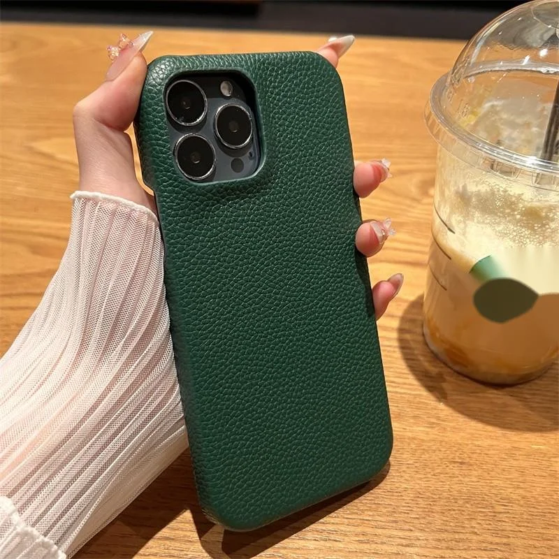 Étui de téléphone en cuir vert demi-pack, nouveau iPhone promax, sensation haut de gamme, 14 13 ensembles, 12 niche, 15 ultra anti-chute,_voghion.com