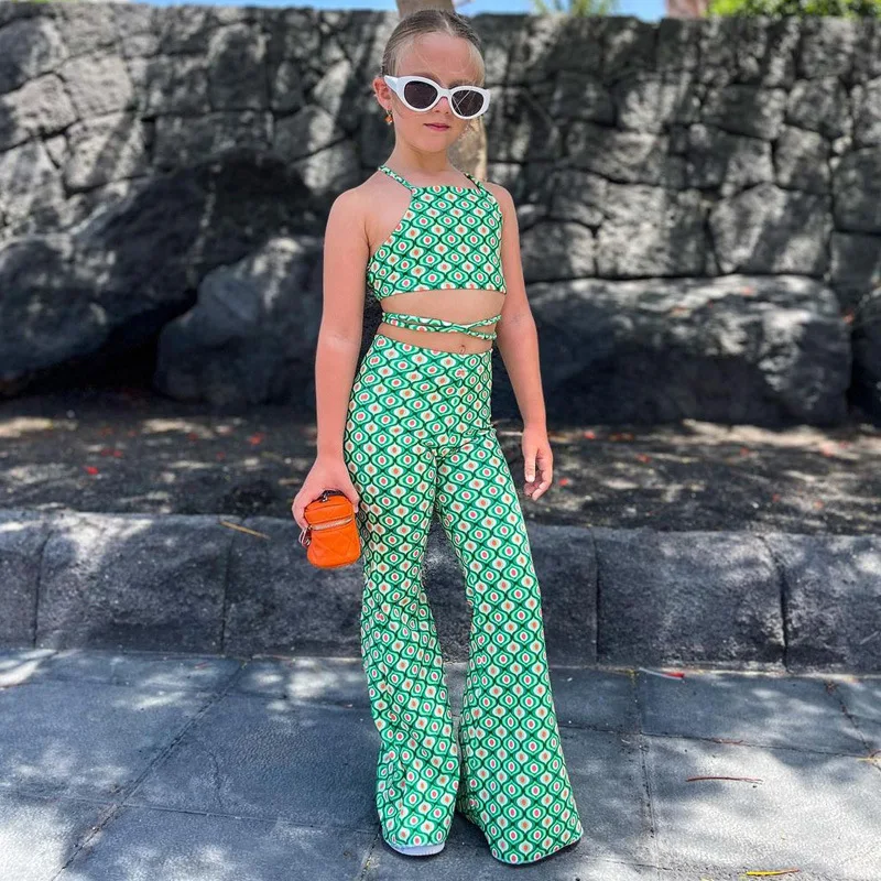 

Summer Kids Girls Cothing Print Two Piece Set Childen's Sexy Floral Suspender Vest Elastic Pants Suit Girl For 3 4 5 6 7 8 Years