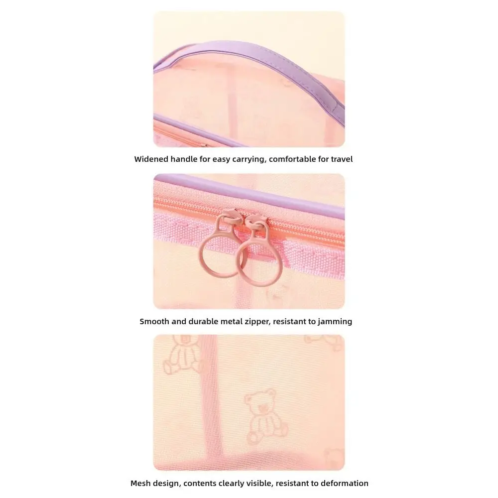 Tragbare Rosa-Beige Netz-Kosmetiktasche Cartoon-Bär Gaze-Toilettentasche Große Kapazität Aufbewahrungstasche für Reisen und Outdoor – Detail 8