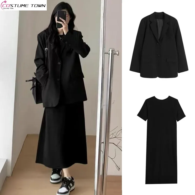 

2024 Spring and Autumn Korean Women's Set New Hepburn Black Suit Coat+Dress Two Piece Set Fashion