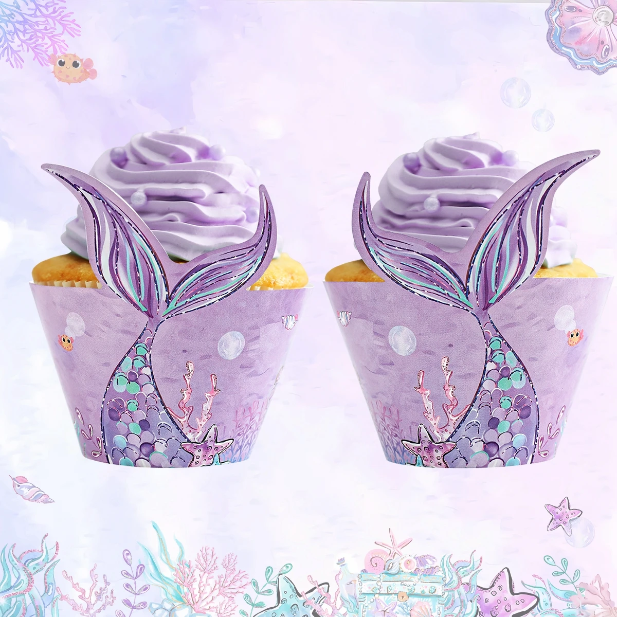 YOMINY Decorazioni per cupcake a forma di sirena, 40 pezzi, decorazione a tema sirenetta su entrambi i lati, tema sotto il mare, baby shower, festa di compleanno, multicolore