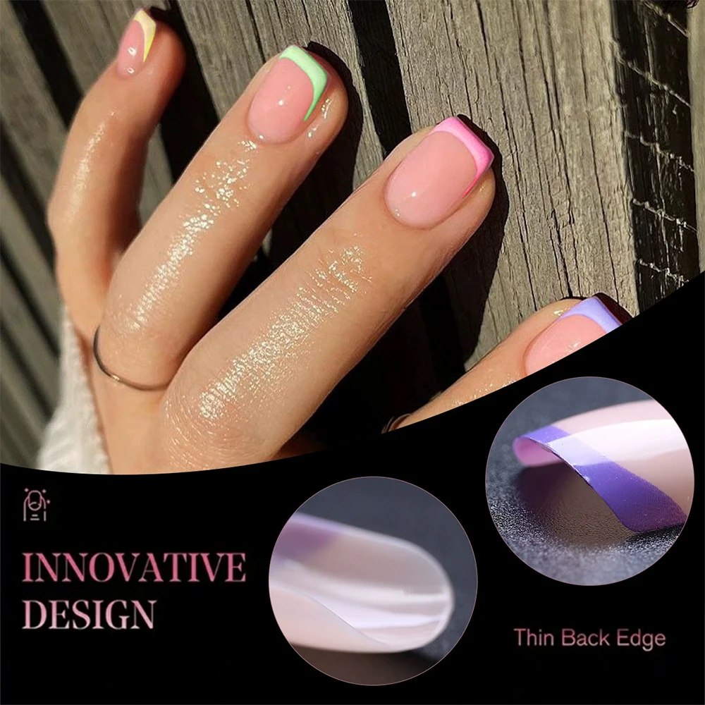 Press On Nails Square Glossy Rainbow Lines False Nail Tips Set_voghion.com