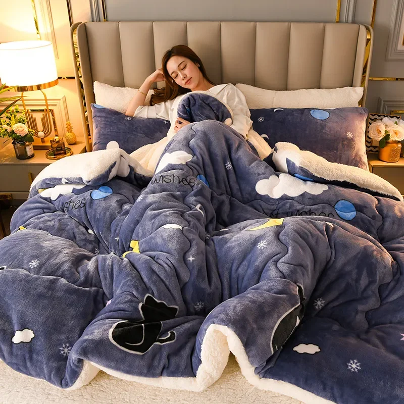 

Promotion New Winter Lamb Velvet Quilt Home Textiles Stitch Thick Flannel Double Faced Velvet Wool For Warm And Cozy