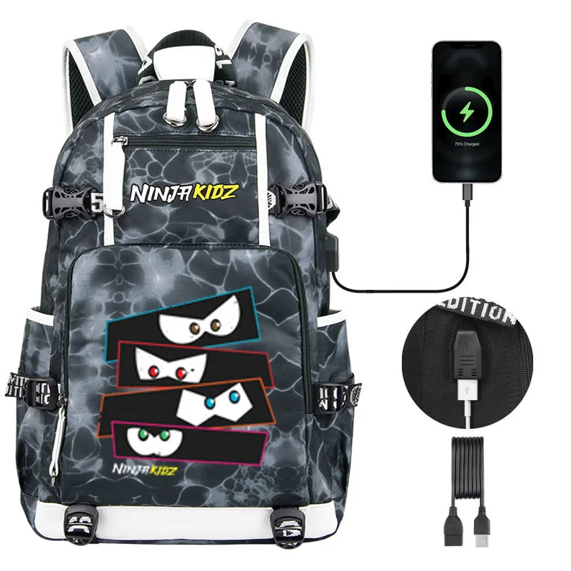 NinjaKidz Kids Backpack Boy Girl school bag Cartoon Ninja Kidz large capacity school backpack Fashion USB Laptop Bagpackag 5