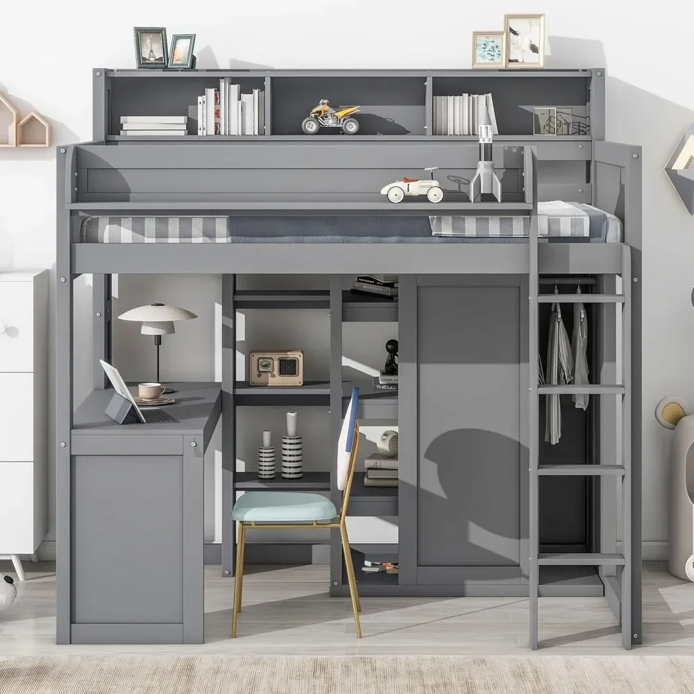 Twin Loft Bed with Desk  Wardrobe Solid Wood Loft Bed with Desk Storage High Loft Bed Frame with Bookcase Headboard and Ladder 2