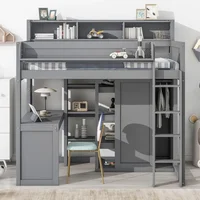 Twin Loft Bed with Desk  Wardrobe Solid Wood Loft Bed with Desk Storage High Loft Bed Frame with Bookcase Headboard and Ladder 2