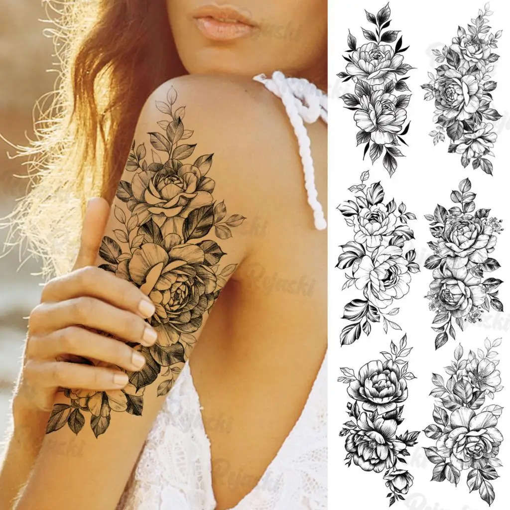 

Large Rose Flower Temporary Tattoos For Women Girls Realistic Lotus Flora Waterproof Fake Tattoo Sticker Body Arm Tatoos Black