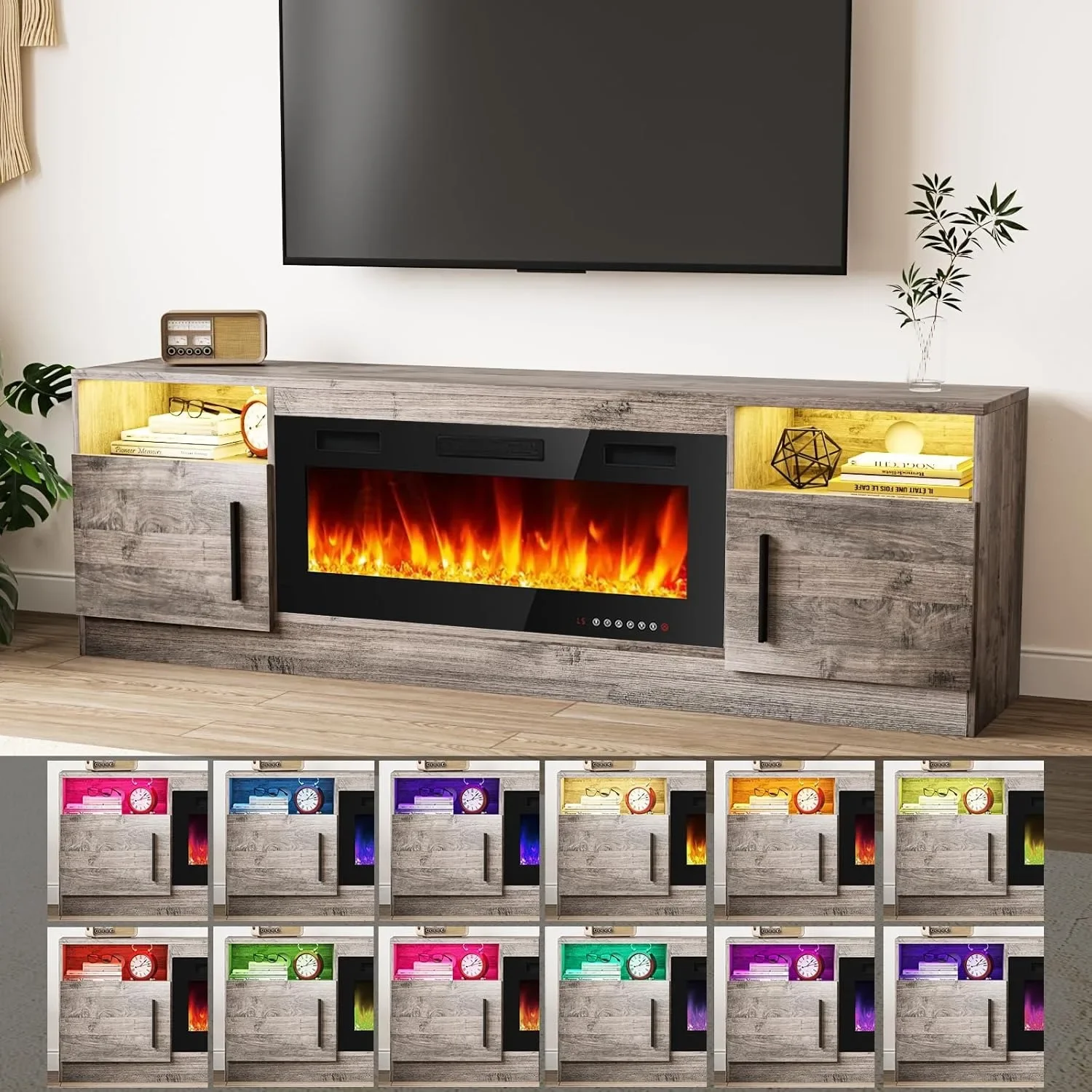 Fireplace TV Stand Entertainment Center w/ 36" Fireplace, 70" Wooden TV Stand,16 Colors LED Lights (Grey)