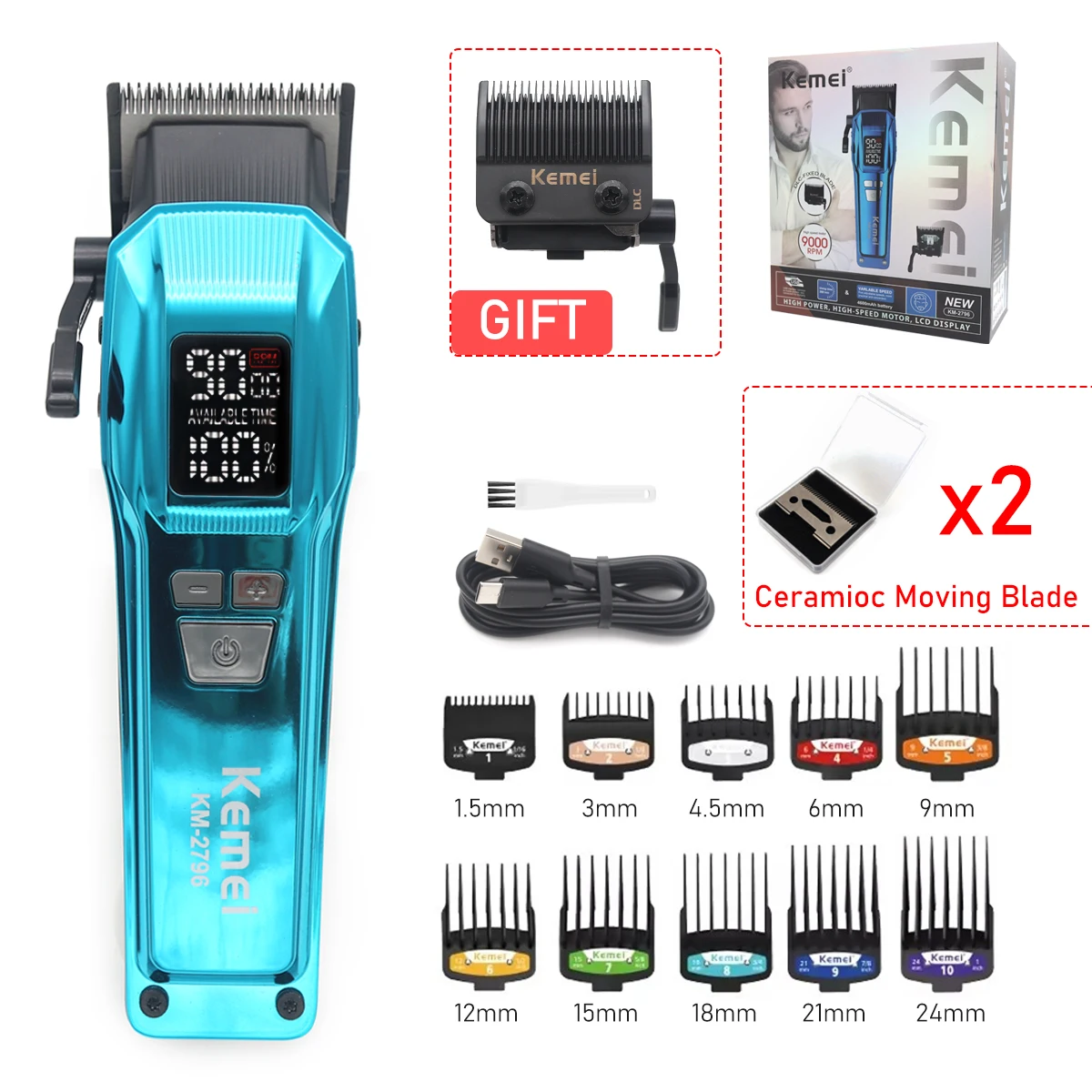 KEMEI プロ仕様 バリカン 9000rpm DLCブレード Kemei-プロの男性用バリカン,バリカン,ヘアカッター,LCD