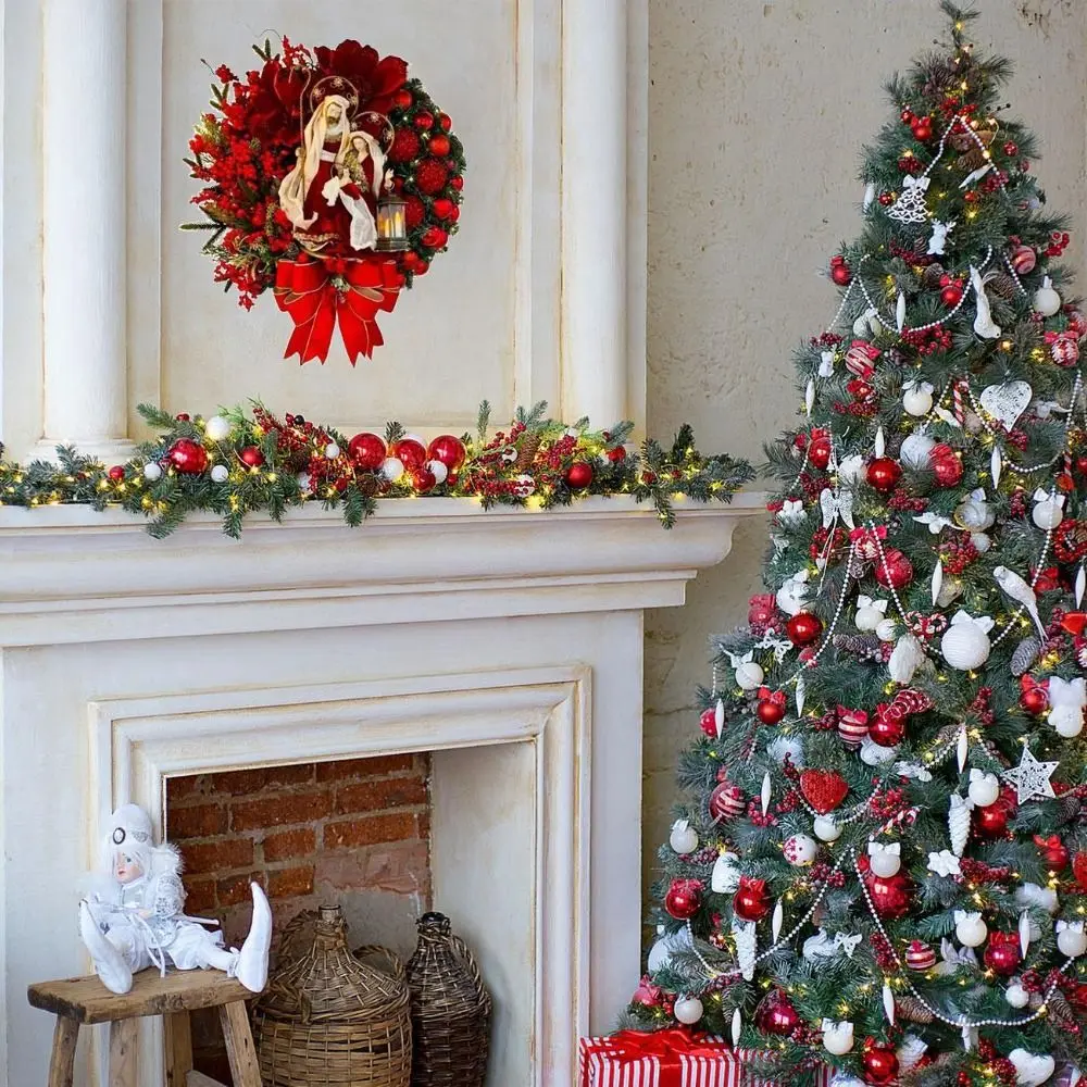 Red Christmas Wreath 2D Oil Lamp Door Hanging Artificial Garland Wooden Reusable Christmas Ornaments Staircase Balcony