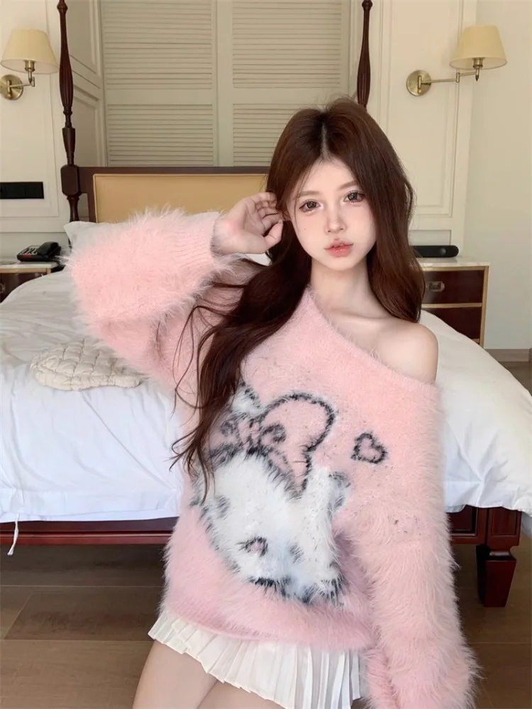 

Женский вязаный пуловер с мультяшным котом и круглым вырезом, водостойкий розовый свитер из норки Y2k E-Girl, осень 2024