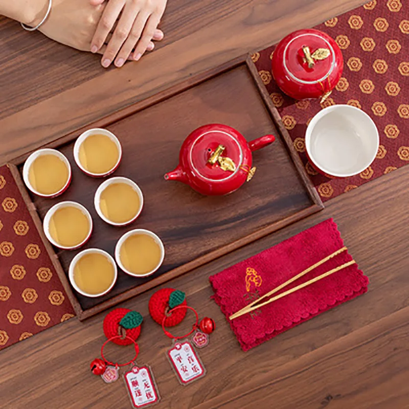 Ceramic Portable Travel Tea Set, Porcelain Kungfu Teapot, Traditional Red Teapot, Wedding Party, Marriage, Newlywed Supplies