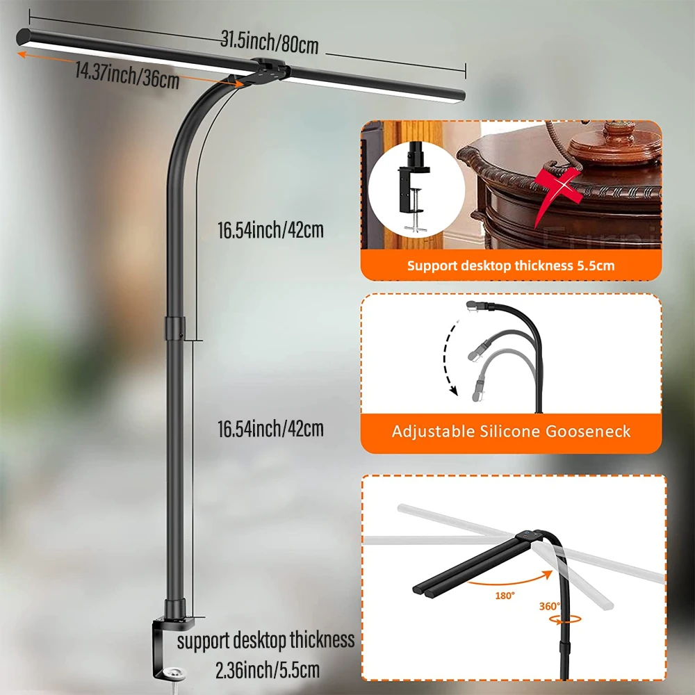 Double Head LED Clip Remote Control Desk Lamp Architect Table Lamp for Home Office Lighting 5 Color Modes and 5 Dimm