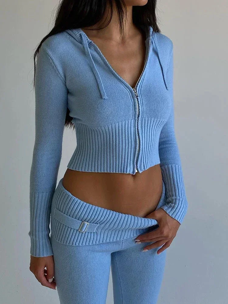 Solid Knitted 2 Piece Sets Women Tracksuit Long Sleeve Zipper Hooded Sweater Jackets Crop Top Flare Pants Stretchy Matching Suit striped 2 piece sets women tracksuit sleeveless vest crop top high waist skinny shorts 2023 summer slim stretchy sport suits