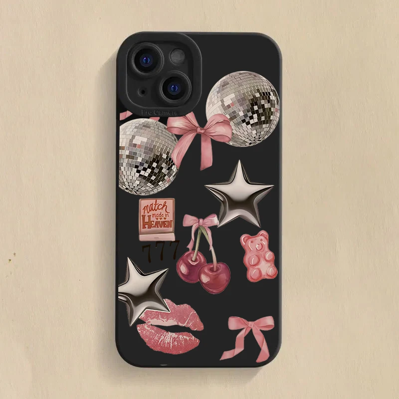 Sparkly Crystal Ball Pink Bow Cherry Pattern Phone Case Cover