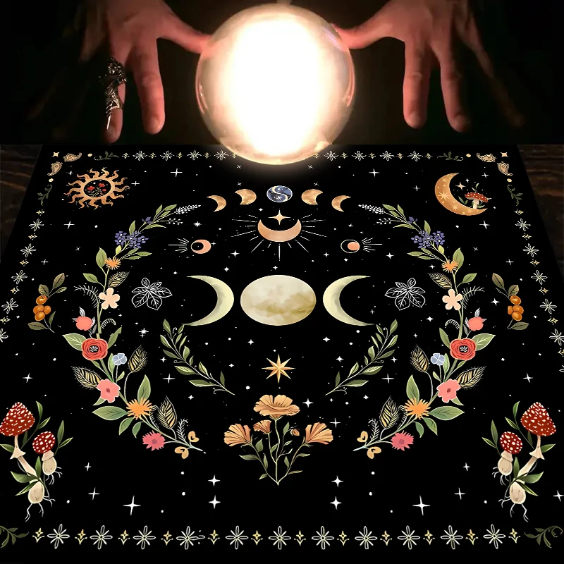Tarot Tablecloth Altar Cloth Moon Phase Sun Starry Sky Flowers Witchcraft Altar Ritual Decoration 1pc