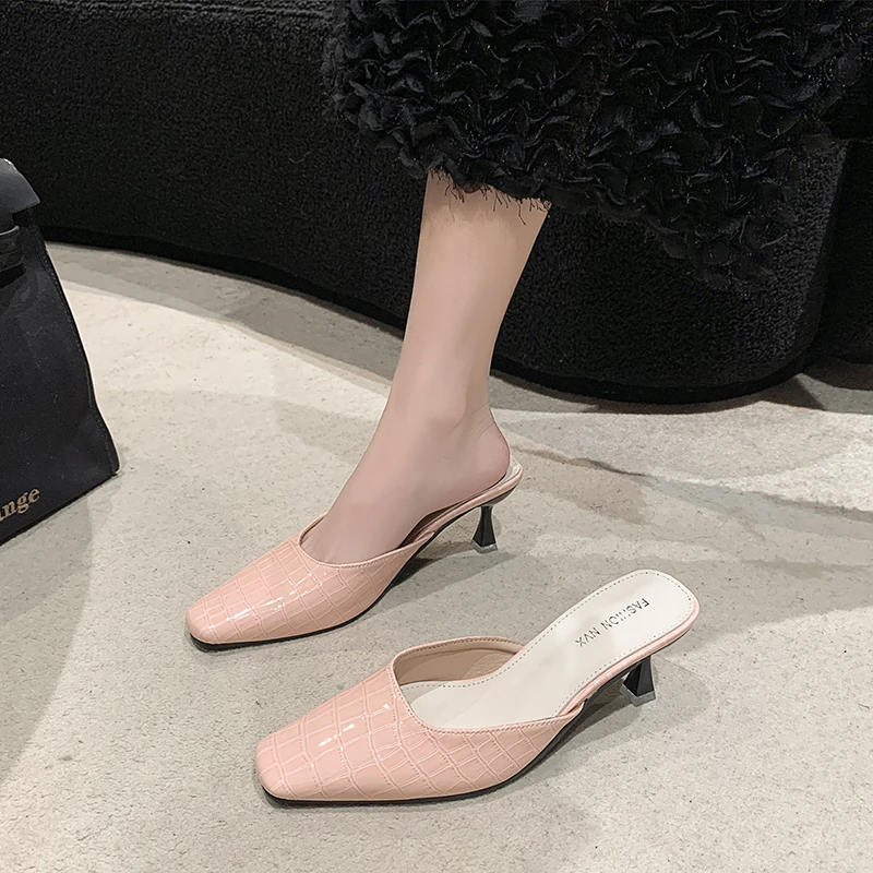 

Женские туфли-тапочки на каблуке, туфли-лодочки на среднем и квадратном каблуке, из мягкой искусственной кожи, с тонким покрытием, в римском стиле, в стиле ретро, 2023